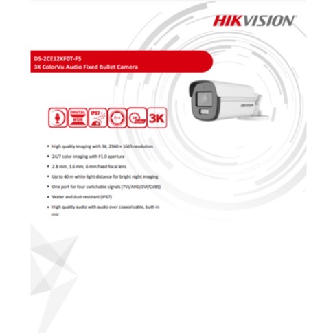 HIKVISION COLORVU 3K กล้องวงจรปิด รุ่น DS-2CE12KF0T-FS , DS-2CE12KF0T-LFS 3.6mm 2ตัว