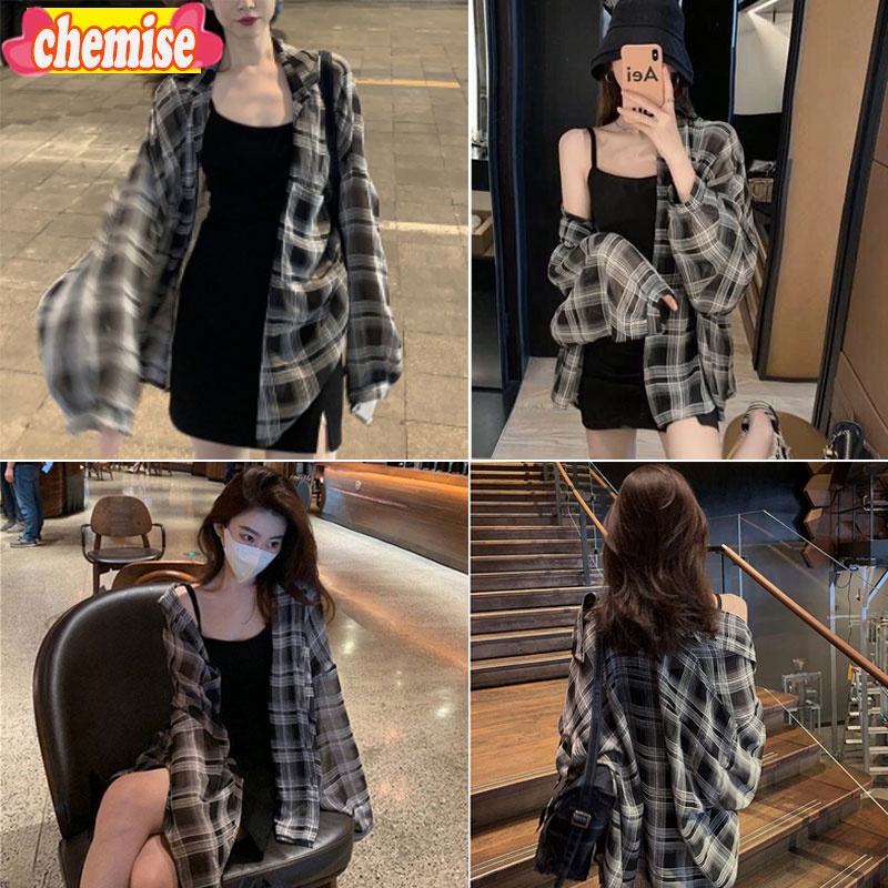 Chemisegrace พร้อมส่ง เสื้อคลุม เสื้อเชิ้ตแขนยาว ลายสก็อต เสื้อป้องกันแสงแดด สไตล์วินเทจ
