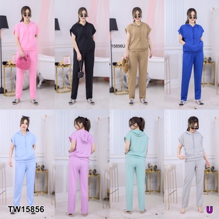 TW15856 Set 2 ชิ้น #สาวอวบ เสื้อฮู้ดไหล่ล้ำ+กางเกงขายาว