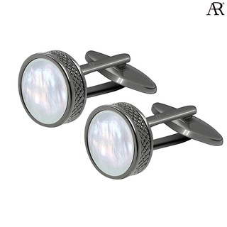 ANGELINO RUFOLO Cufflink ดีไซน์ Pearl Gun Metal Circle กระดุมข้อมือโรเดียมสีขาว คุณภาพเยี่ยม ตกแต่งด้วยไข่มุก