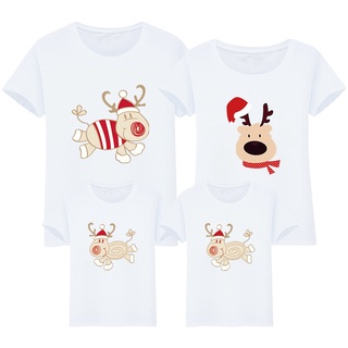 เสื้อยืดMerry Christmas Elk Hat 3 Colors Matching Outfits  Family Tee Women Blouse Xmas T-shirt Loose Short Sleeve 471