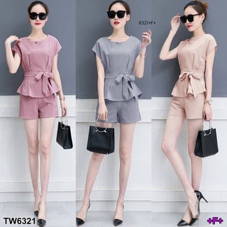 TW6321  Set 2 ชิ้น เส้อแขนสั้น ผ้าลินิน ตีเกล็ดหน้า มาคู่กับกางเกงขาสั้น