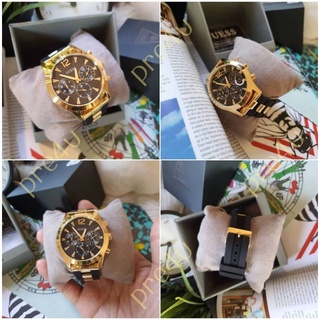 💰(สด-ผ่อน) ⌚ GUESS Unisex Watch  Gold-Tone Stainless Steel &amp; Black Silicone Bracelet Watch