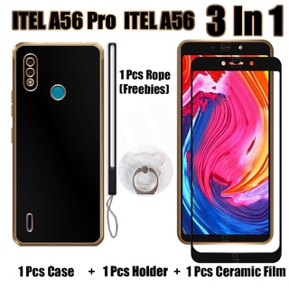 3 IN 1 ITEL A56 ITEL A56 Pro เคส พร้อมกระจกนิรภัยโค้ง เซรามิค ป้องกันหน้าจอ และตัวยึด ซิลิโคนนุ่ม เคลือบไฟฟ้า เคสโทรศัพท์