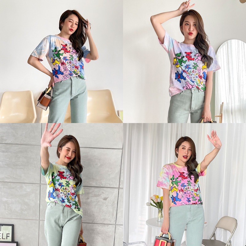 Miss manta เสื้อยืดผ้ามัดย้อม กรีนลายหมีน้อยหน้า-หลังสุด CARDIGAN_NISTA​