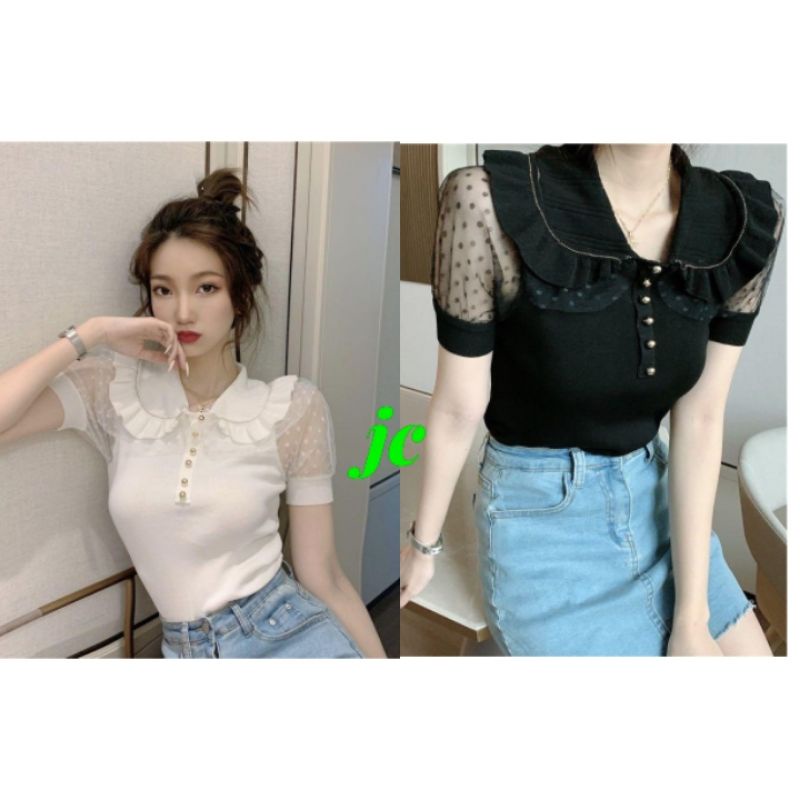 JCK - Rachel Knit Top / เสื้อถักคอปก / เสื้อถักผู้หญิงเกาหลี