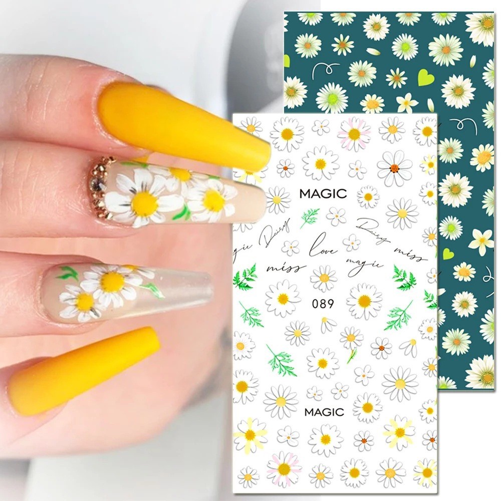 3D Daisy ดอกไม้เล็บสติกเกอร์ฤดูร้อน Elegant Florets ใบ Sunflower กลับกาว Decal ตกแต่งเล็บเล็บ Slider