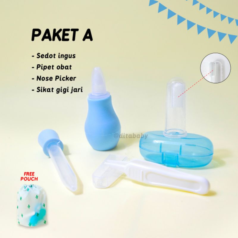 (BONUS POUCH) BABYCARE PACKAGE สุขภาพเด็ก SUCTION Snot PIPETTE MEDICINE NOSE PICKER FINGER TOOTHBRUS