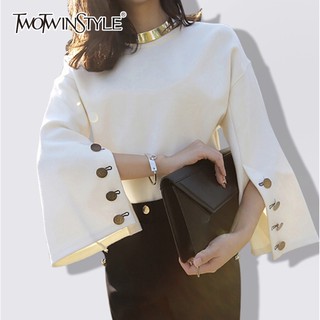 ‼️SALE‼️พร้อมส่ง TWOTWINSTYLE WHITE Flare Sleeve With Necklace Shirt