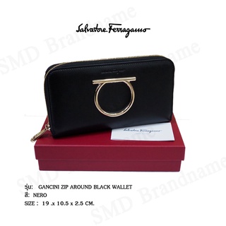 Salvatore Ferragamo กระเป๋าสตางค์คุณผู้หญิงใบยาวแบบซิป รุ่น GANCINI ZIP AROUND BLACK WALLET Code: 22 D291 0691138