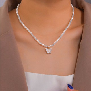 สร้อยคอมุกจีผีเสื้อ Butterfly Charm Faux Pearl Beaded Necklace