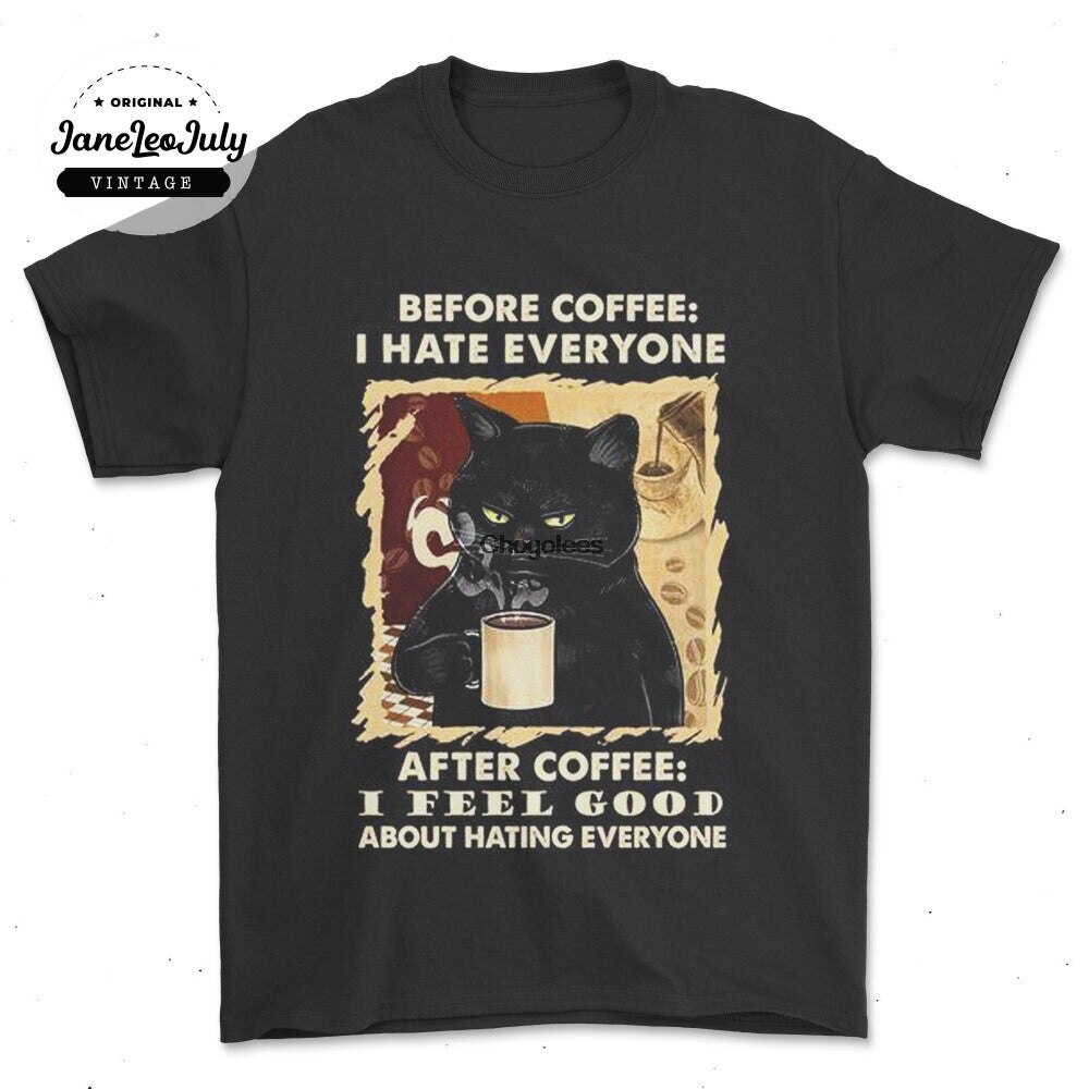 เสื้อยืดโอเวอร์ไซส์ใหม่ เสื้อยืดผ้าฝ้าย 100% พิมพ์ลาย I Hate Everyone Cat With Coffee Fit Bnlpdk13Cb