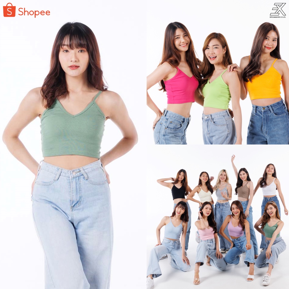 Expogarment เสื้อกล้ามสายเดียวครอป ผ้าร่องเล็ก สายเดี่ยว คอวี ครอป เอวลอย คอตตอน CROP 006