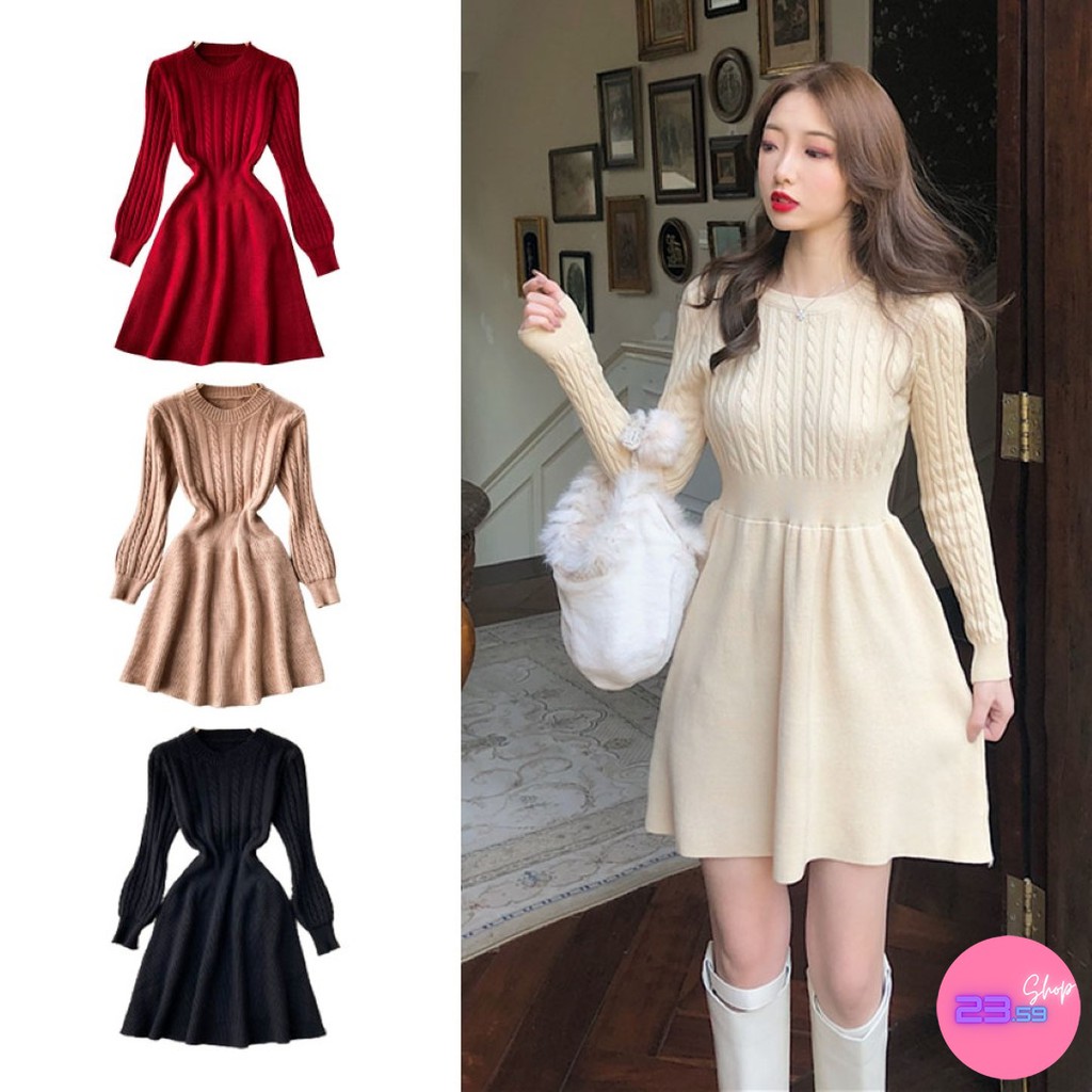 Sale80% ชุดเดรสไหมพรมกันหนาวสไตล์เกาหลี แขนยาวจั๊ม