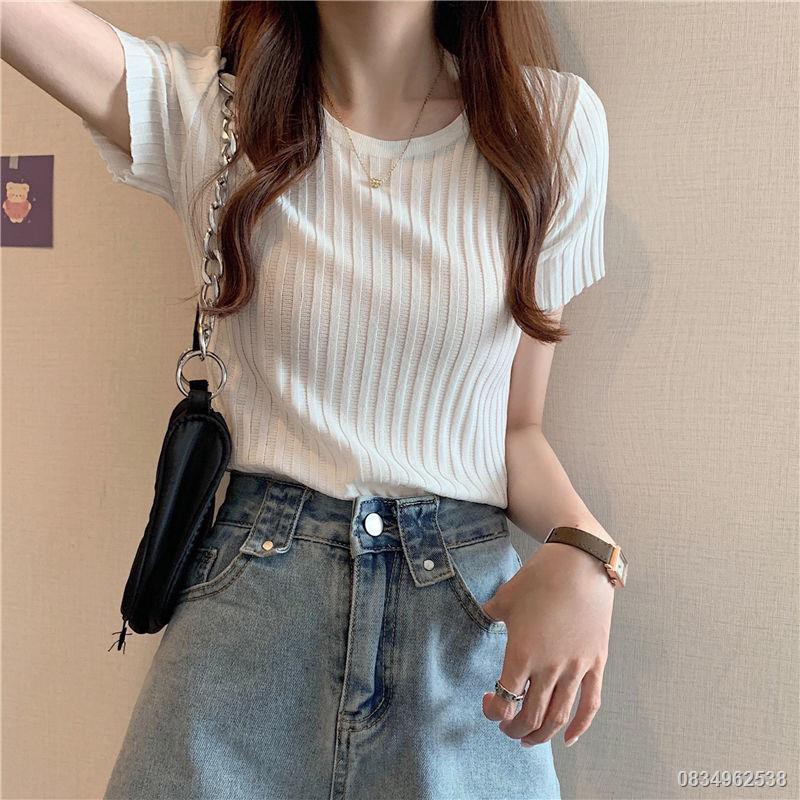 2021 ฤดูร้อนใหม่ผ้าไหมน้ำแข็งสีขาวแขนสั้นเสื้อยืดผู้หญิง Slim Slimming ...