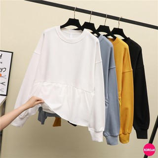 🎀Korean Fashion🎀เสื้อสเวตเตอร์ แขนยาวจั๊ม ชายแต่งระบาย ทรงใหญ่ 4 สี สีพื้น ไม่มีลาย