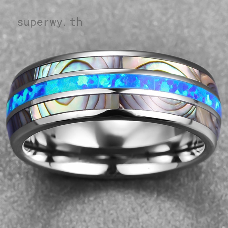 Wide Inlaid Shells Blue Opal Tungsten Steel Men Never Fade Engagement Ring