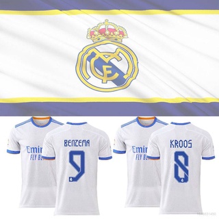 ใหม่ 2021-22 La Liga Real Madrid F.C. เสื้อกีฬาแขนสั้น ลายทีมฟุตบอล Benzema Kroos ทรงหลวม พลัสไซซ์