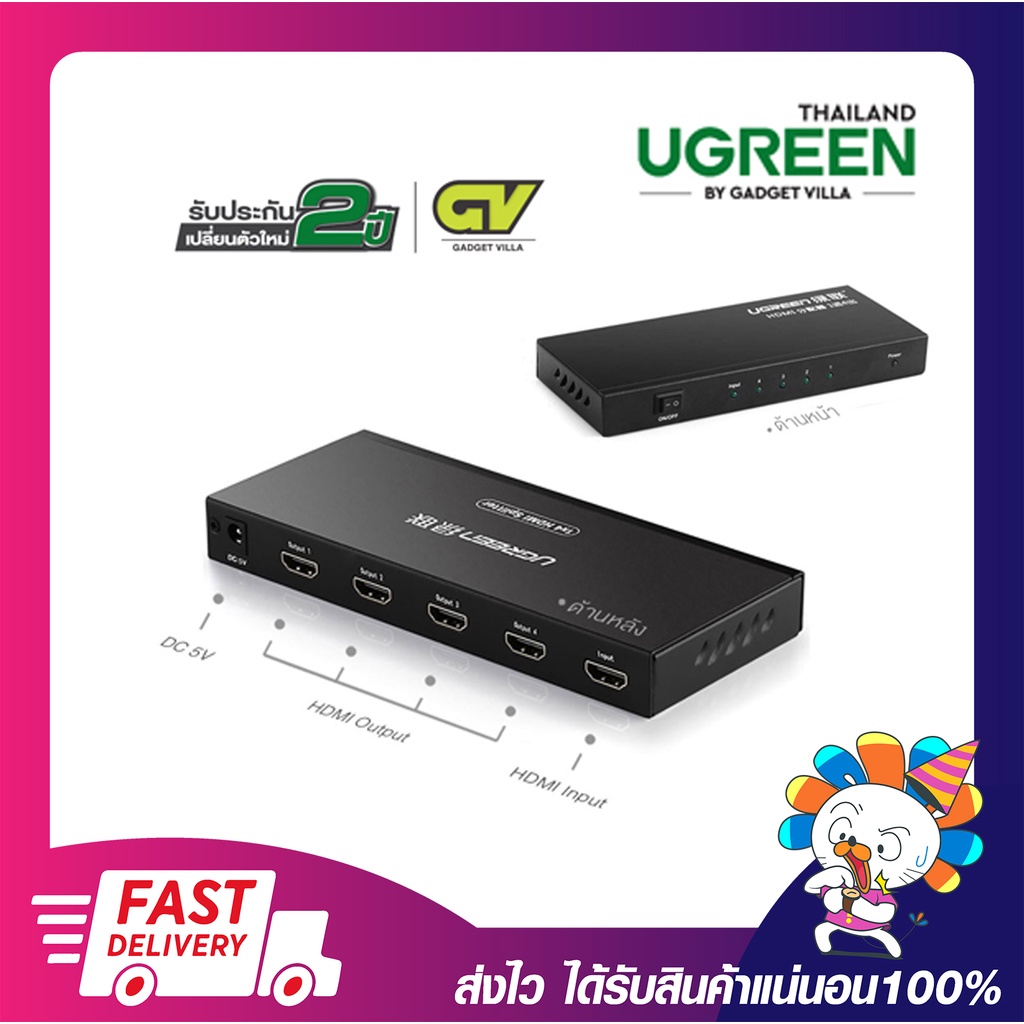 UGREEN 40202 HDMI Amplifier Splitter 1x4 เข้า 1 ออก 4 จอ Full HD รองรับ 4K รับประกันสินค้า 2ปี