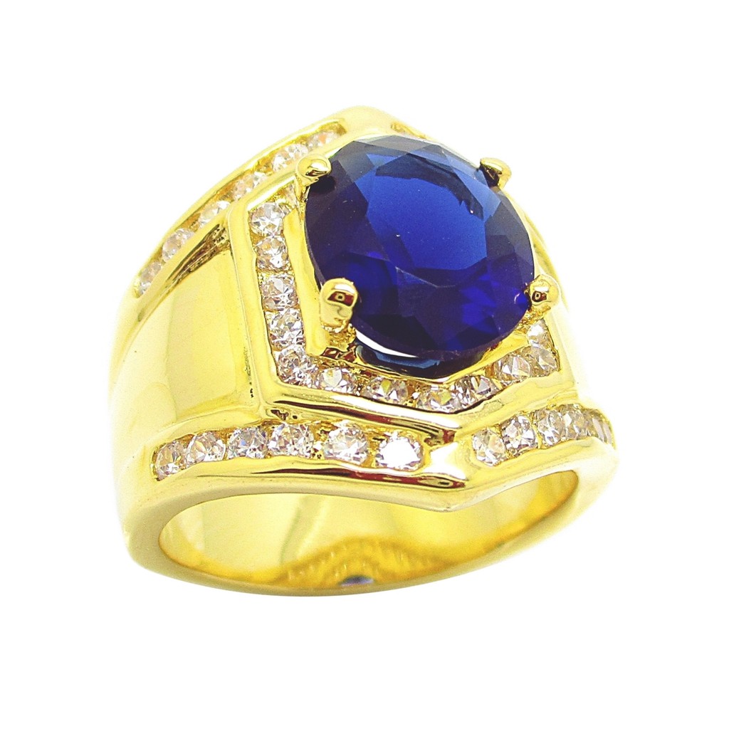 แหวนชายราคาถูก แหวนผู้ชาย พลอยไพลิน พลอยสีน้ำเงิน ประดับเพชร เพชร cz แท้ ชุบทอง