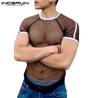 Incerun เสื้อยืดซีทรู แขนสั้น ระบายอากาศ สีตัดกัน สําหรับผู้ชาย