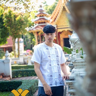 เสื้อผ้าฝ้าย ผ้าพื้นเมือง คอกลม กระดุมจีน เทปช้าง 2 ข้าง แขนสั้น สีขาว