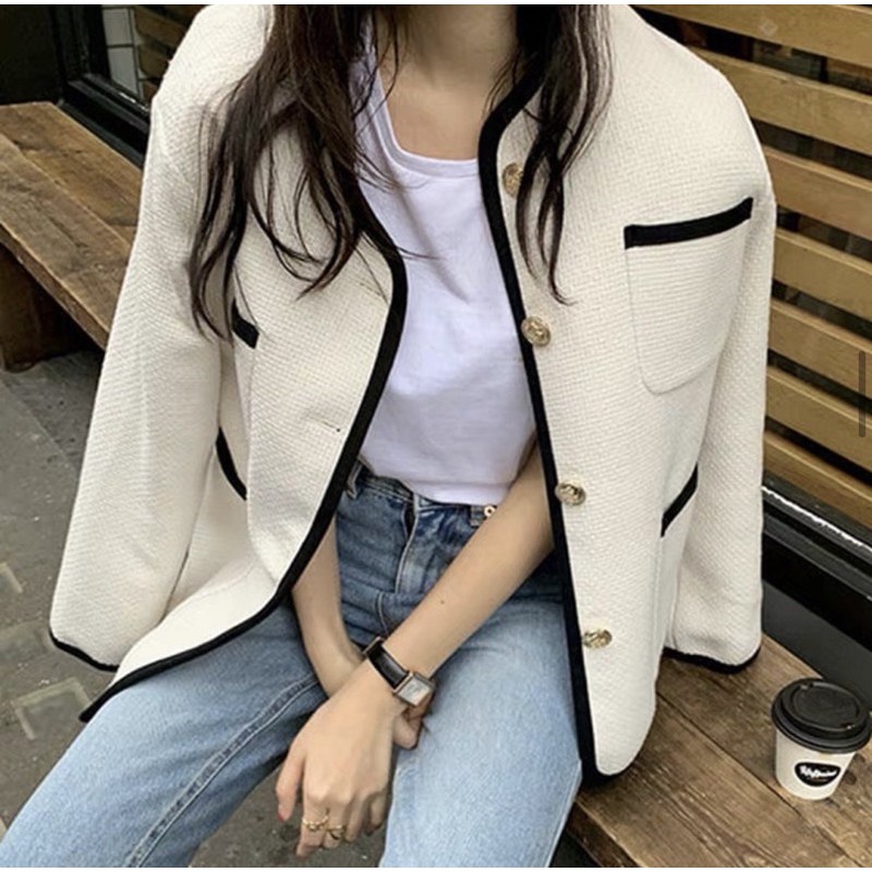 Mogwany พรี Bf Tweet Blazer 2 สี ขาวครีม, ดำ แมทช์ง่าย ใส่กับอะไรก็สวย
