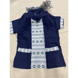 เสื้อผ้าฝ้าย คอจีน แต่งผ้าทอพื้นเมือง มีไซส์ใหญ่