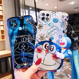 เคสโทรศัพท์ Realme C21 Casing with Hand Strap + Neck Strap Cute Doraemon Doll Bracket Cartoon Phone Case เคส  RealmeC21