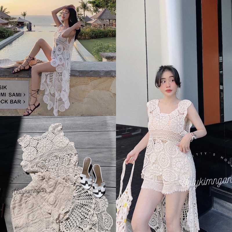 เดรสยาวถักลูกไม้ เดรสถักทรงหน้าสั้นหลังยาว