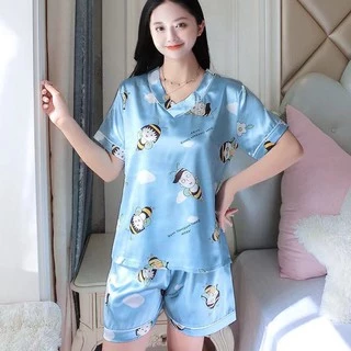 🔥พร้อมส่ง🔥1086 ชุดนอนผ้าซาติน แขน-ขาสั้น ชุดนอนลายการ์ตูน ชุดนอนลายน่ารัก ชุดนอนผ้าซาติน