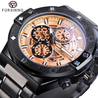 Forsining Racing Car Mechanical Watch Automatic Mens Sport Yellow 3 Sub Dial Date Calendar Luminous Hour Steel Band Relo