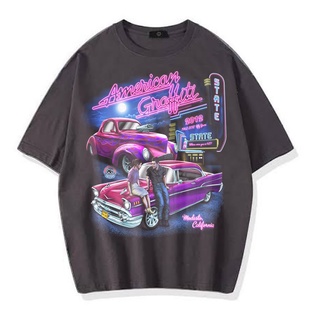 [100% Cotton] เสื้อยืดแขนสั้น พิมพ์ลายกราฟฟิติ AMERICAN VINTAGE ขนาดใหญ่ สีเทาเข้ม