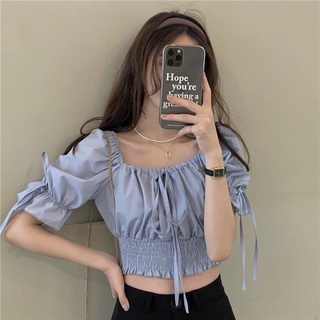 ❤พร้อมส่ง❤พร้อมส่งเสื้อคอปกทรงเหลี่ยมเปิดไหล่สำหรับผู้หญิงฤดูร้อนปี 2022 เสื้อเชิ้ตเอวสูงทรงพัฟฝรั่งเศสดีไซน์ใหม่