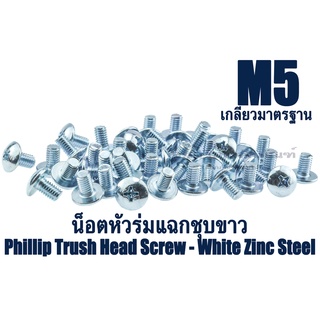 น็อตหัวร่มแฉกชุบขาว M5 ยาว 10-30 mm สกรูมิลสี่แฉก น็อตหัวกะทะ สกรูหัวร่มแฉก JT Phillip Trush Head Screw White Zinc Steel