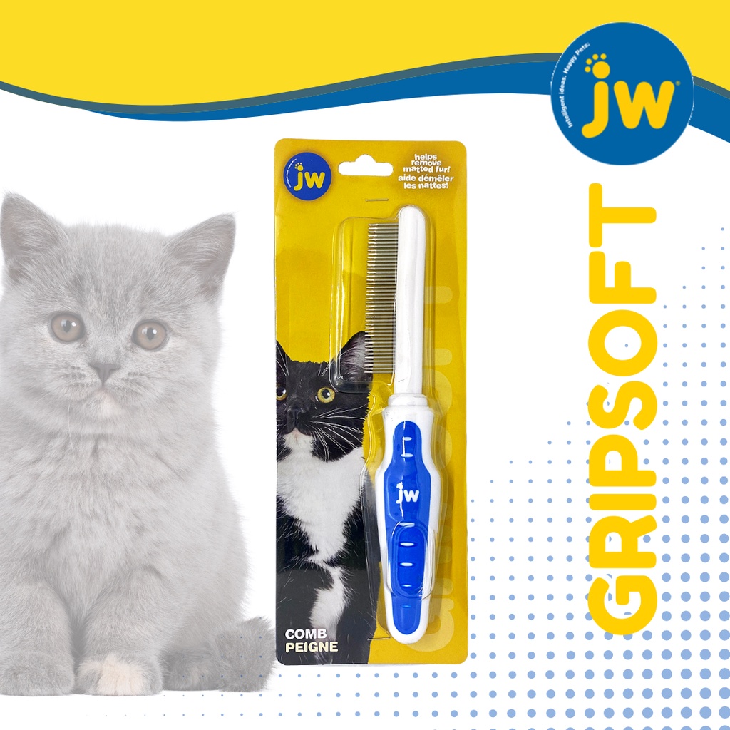 JW GripSoft Cat Comb หวีสำหรับแมว ฟันเหล็กถี่ ใช้สางสังกะตัง ปลายมน ทนทาน มือจับนุ่ม