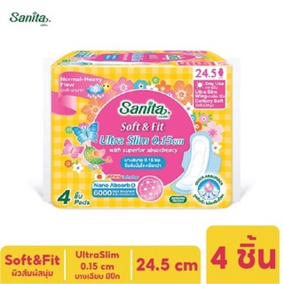 🔥SALE 🔥Sanita / แซนนิต้า ซอฟท์ แอนด์ ฟิต ผิวสัมผัสนุ่ม อัลตร้าสลิม บาง0.15ซม มีปีก ยาว24.5ซม. 4ชิ้น/ห่อ