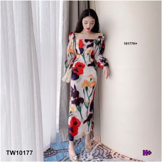 NP10177 Maxi Dress แม็กซี่เดรสคอเหลี่ยมแขนยาว ผ้าไหมอิตาลี่ พิมลายกราฟฟิกดอกไม้ทั้งชุด ลุคสวยหรู ดูแพง