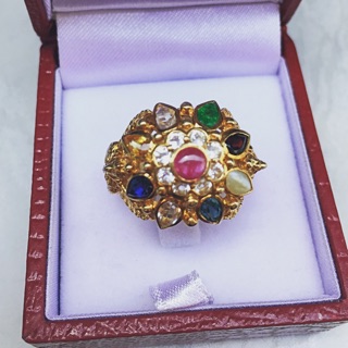 แหวนเงินมณีนพเก้า ชุบทอง- Multi Gemstone 925 Gold Plated Thai Royal Style Ring