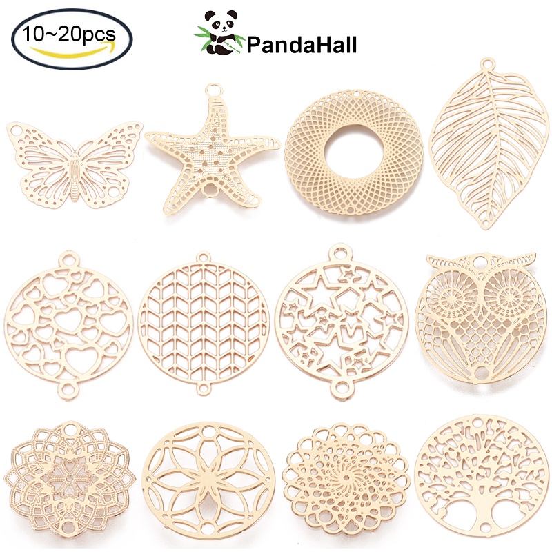Pandahall ตัวเชื่อมต่อโลหะทองเหลือง รูปผีเสื้อ ดาว ดอกไม้ หัวใจ สีทองอ่อน ติดทนนาน สําหรับทําเครื่องประดับ 10~20 ชิ้น