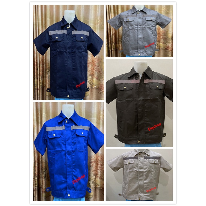 เสื้อทำงานแขนสั้นด้านบนมีกระเป๋าสี่ช่องและมีแถบสะท้อนแสงทั้งด้านหน้าและด้านหลังทำจากโพลีเอสเตอร์และผ้าฝ้ายคุณภาพสูง