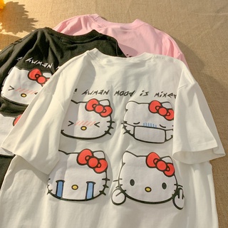 เสื้อยืดแขนสั้นลําลอง ทรงหลวม พิมพ์ลาย Hello Kitty แฟชั่นคู่รัก สําหรับผู้หญิง