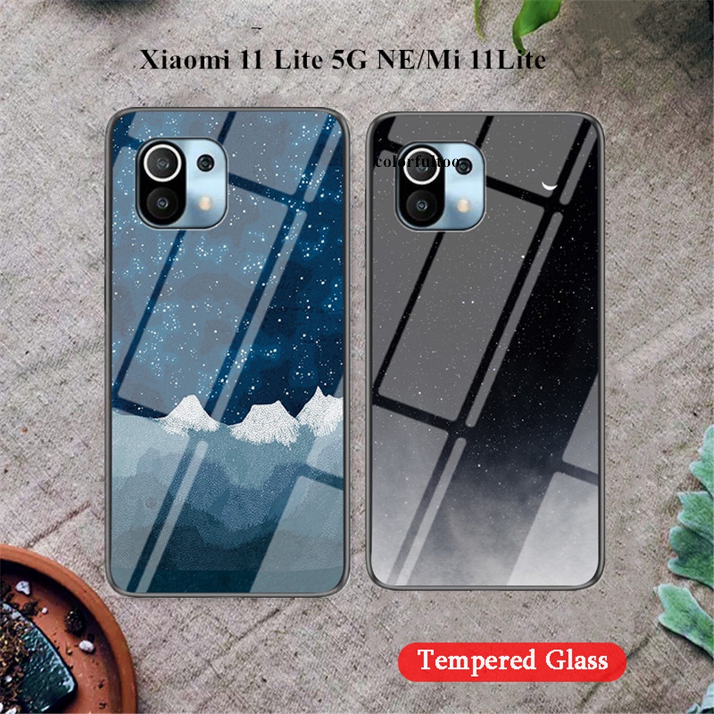 Luxury Starry Sky Glass Phone Case Xiaomi 11 Lite 5G NE Mi 11Lite 4G 5G Gradient Tempered Glass Soft Silicone Edges Phone Case  Hard Cover Shockproof Casing For Mi 11 Lite