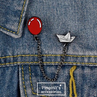 📬 พร้อมส่ง : เข็มกลัดลายเรือกระดาษสีขาวและลูกโป่งสีแดง | White Paper Boat &amp; Red Ballon Chain Enamel Brooch Pin.