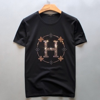 【hot tshirts】เสื้อยืดแขนสั้น แขนห้าส่วน แบบยืดหยุ่น พิมพ์ลายตัวอักษร H แฟชั่นยุโรป และอเมริกา สําหรับผู้ชาย2022