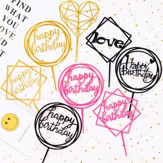 1 ชิ้น อะคริลิค happy birthday love เค้กตกแต่งคัพเค้ก flag birthday party ตกแต่ง props งานแต่งงาน baby shower cupcakes