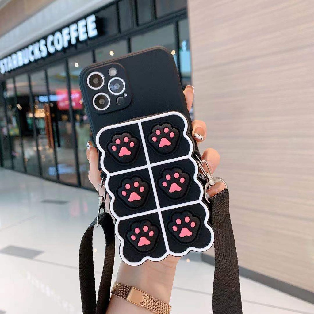 For OPPO Reno 2F 2Z 4 7 8 9 10 Realme 5 5i 5S 6i 7i C25 C11 C12 C15 C17 C55 C33 C30 C35 Luxury Release Stress Cat Paw Coin Zipper Zero Wallet Bag Soft TPU Phone Case With Lanyard