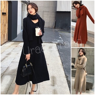 4 สี / (พร้อมส่ง) เดรสไหมพรม + ผ้าพันคอ รุ่น Sweater Long Dress เดรสยาว - D14