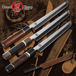 มีดซูชิ (sushi knife) Grandsharp มีดเชฟ มีดเชฟญีุ่่ปุ่น มีดแล่ (Sakimaru) มีดแล่ปลา ใบ 10" เหล็ก 8Cr18Mov พร้อมฝักไม้