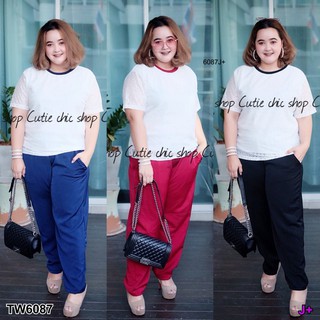 Set 2 ชิ้น #bigSize เสื้อลูกไม้แขนสั้น แต่งกุ้น+กางเกงขายาว TW6087